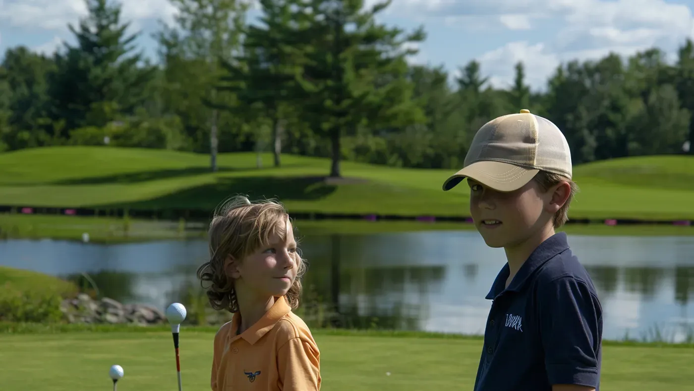 Två pojkar med juniorklubbor vid vattenhinder på golfbana