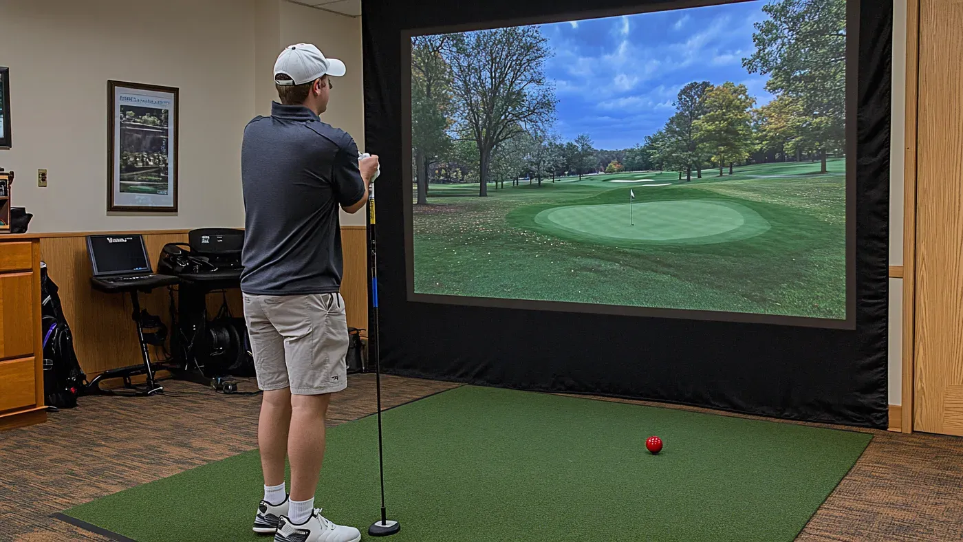 Golfare tränar inomhus med bästa golfsimulatorn på storbildsskärm