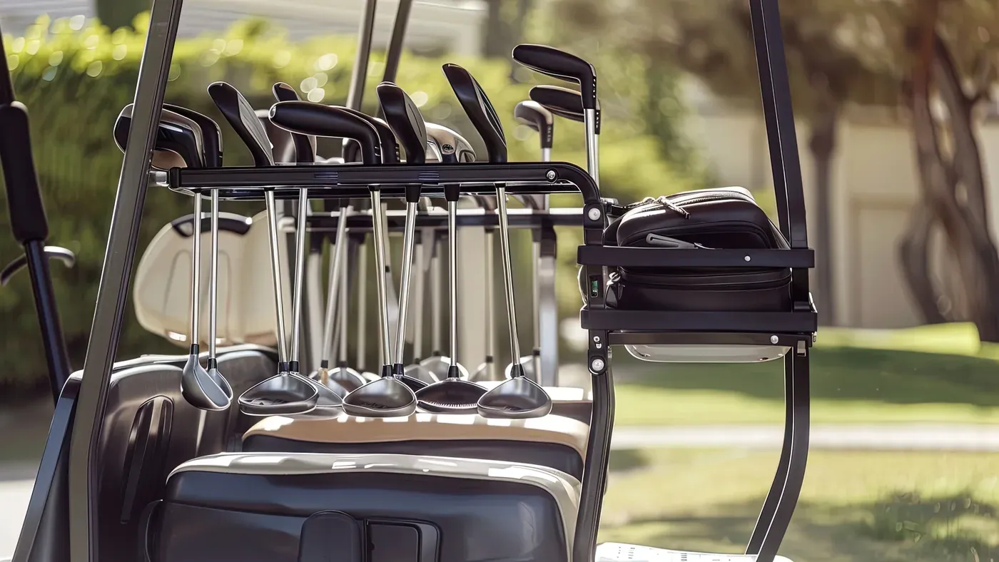 Golfklubbor och bag lastade i golfbil