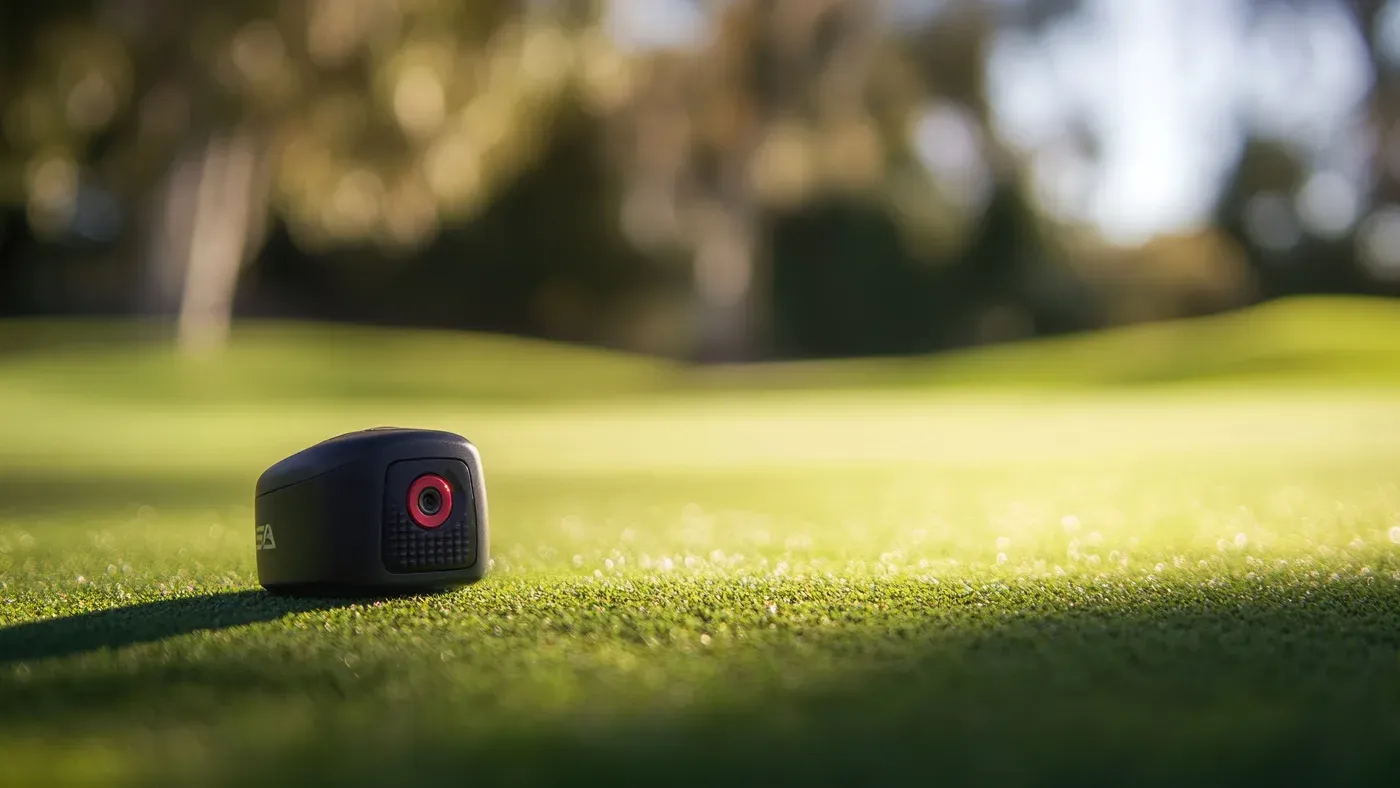 Svart avståndsmätare i närbild på solig golfgreen